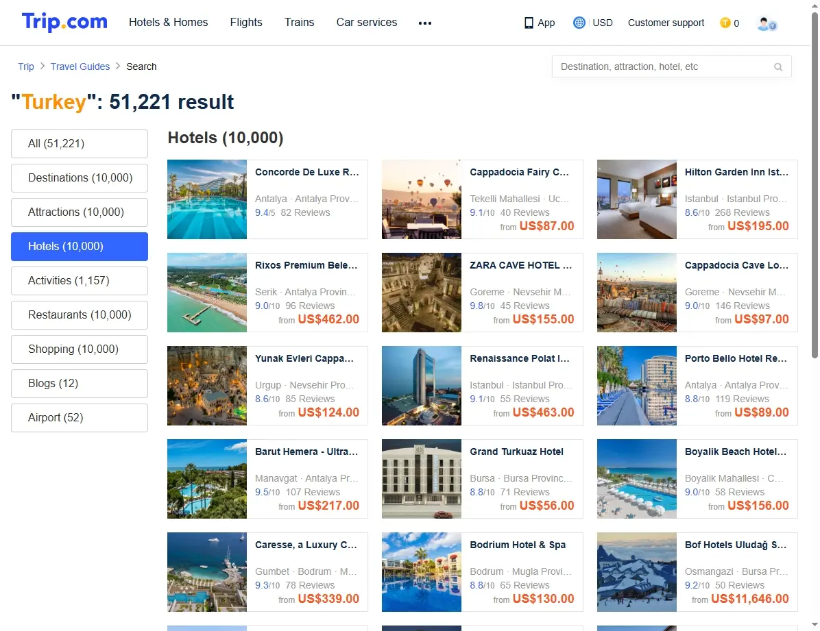 Screenshot einer Hotelbuchungsplattform mit Angeboten für die Türkei