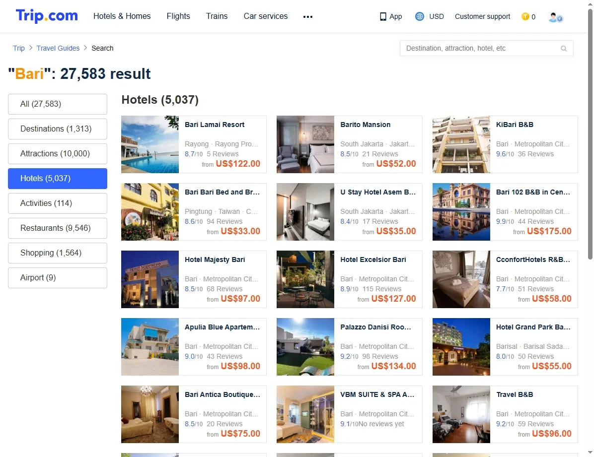 Screenshot einer Hotelseite mit Angeboten in Bari, Italien
