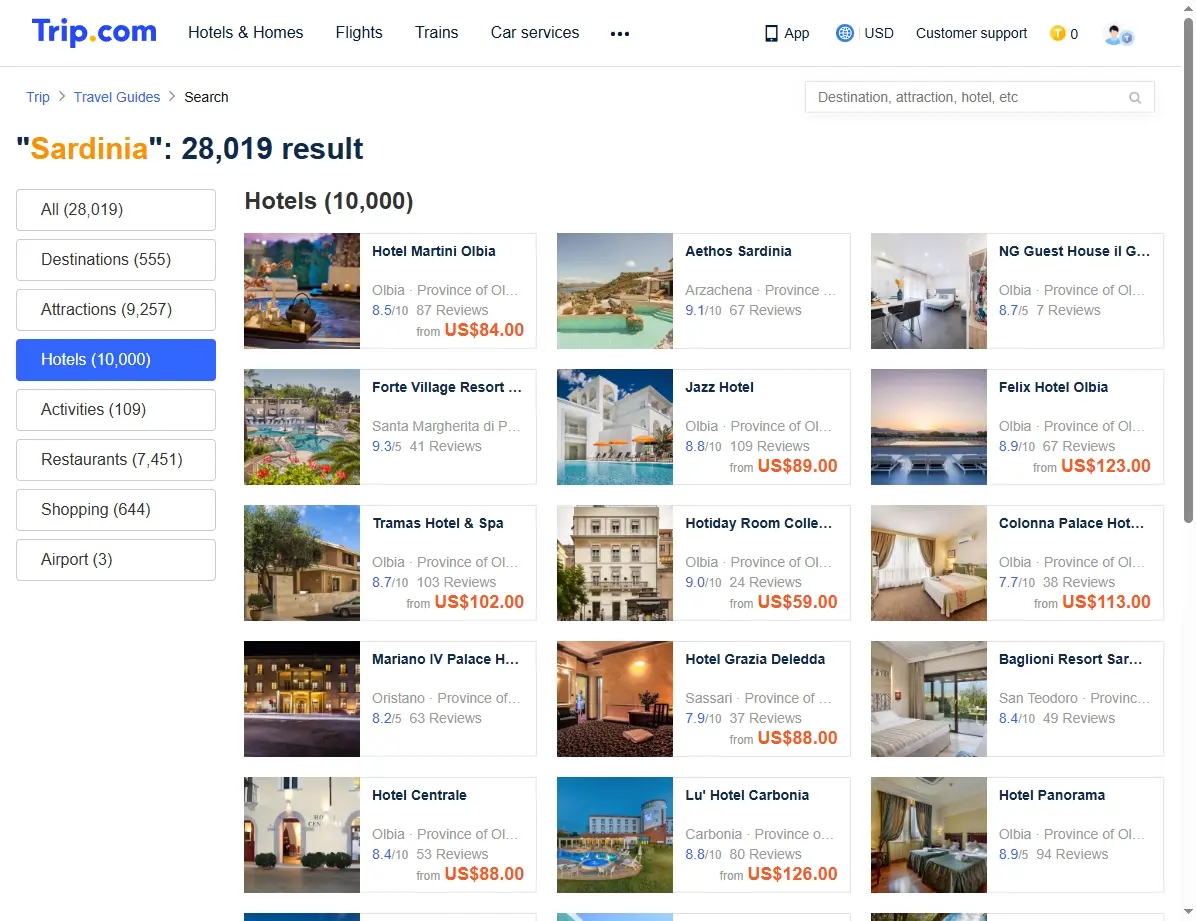 Screenshot einer Hotelseite mit Sardinien-Angeboten