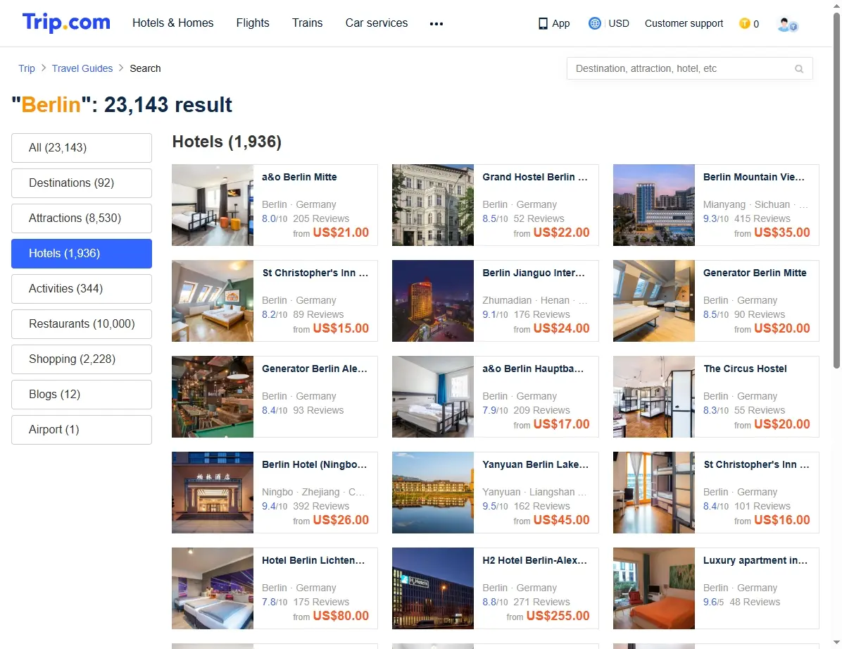 Screenshot von Hotelangeboten in Berlin