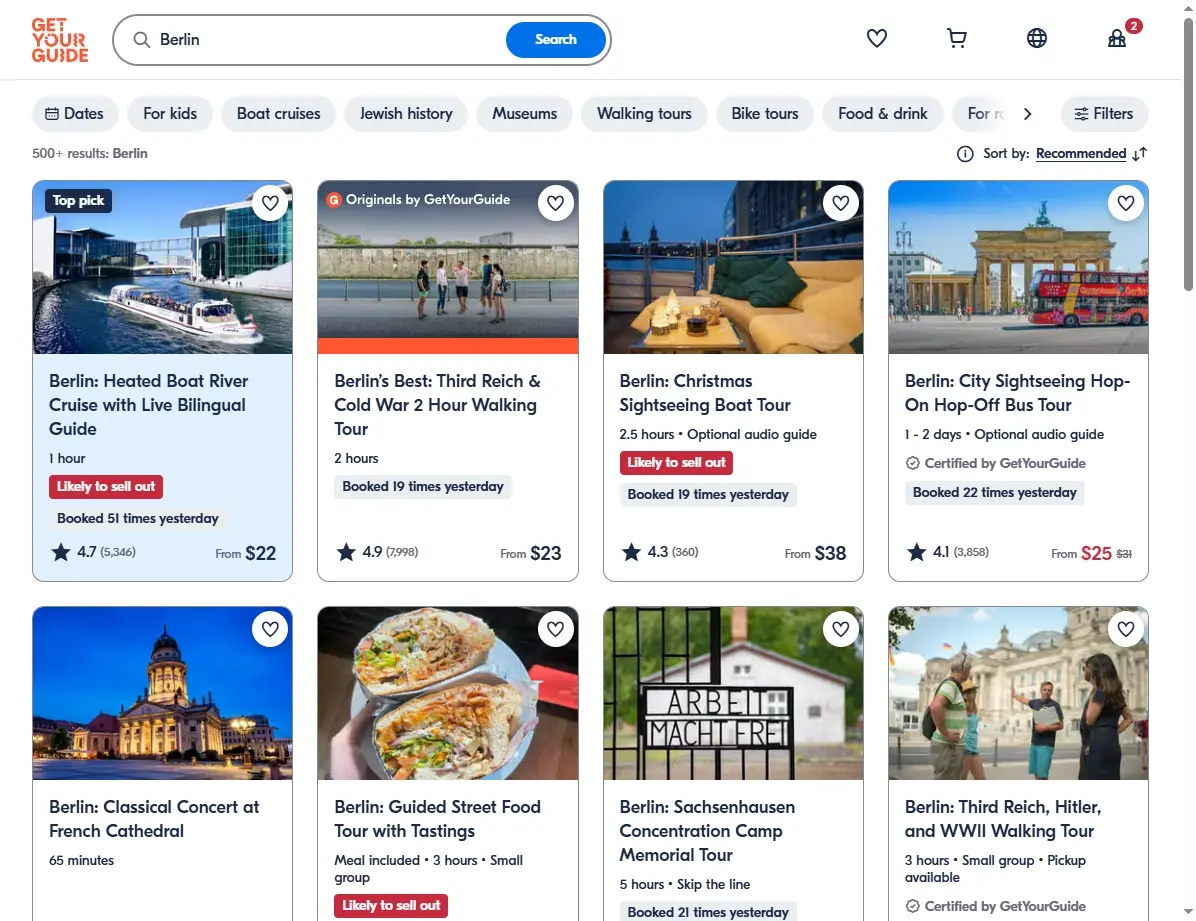 Screenshot von Aktivitäten und Touren in Berlin