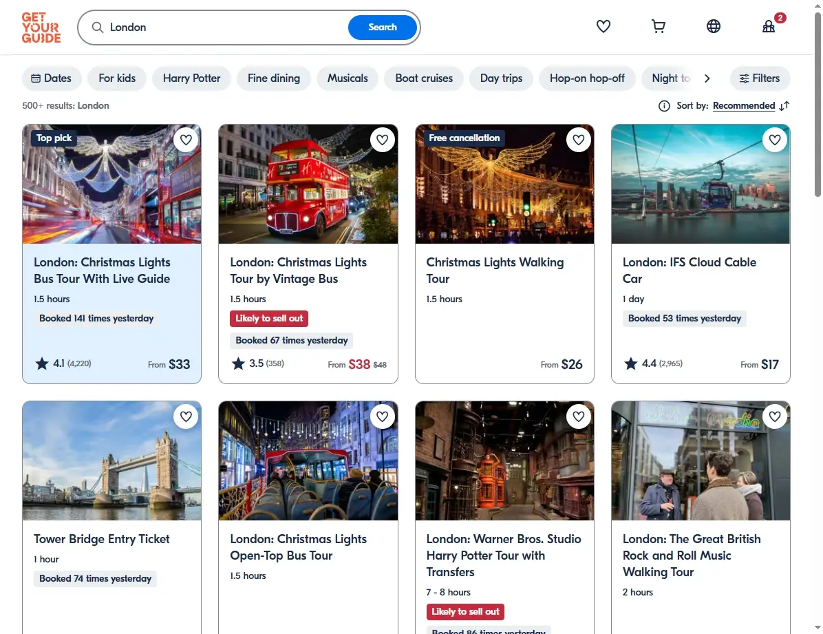 Website Screenshot mit Aktivitäten in London