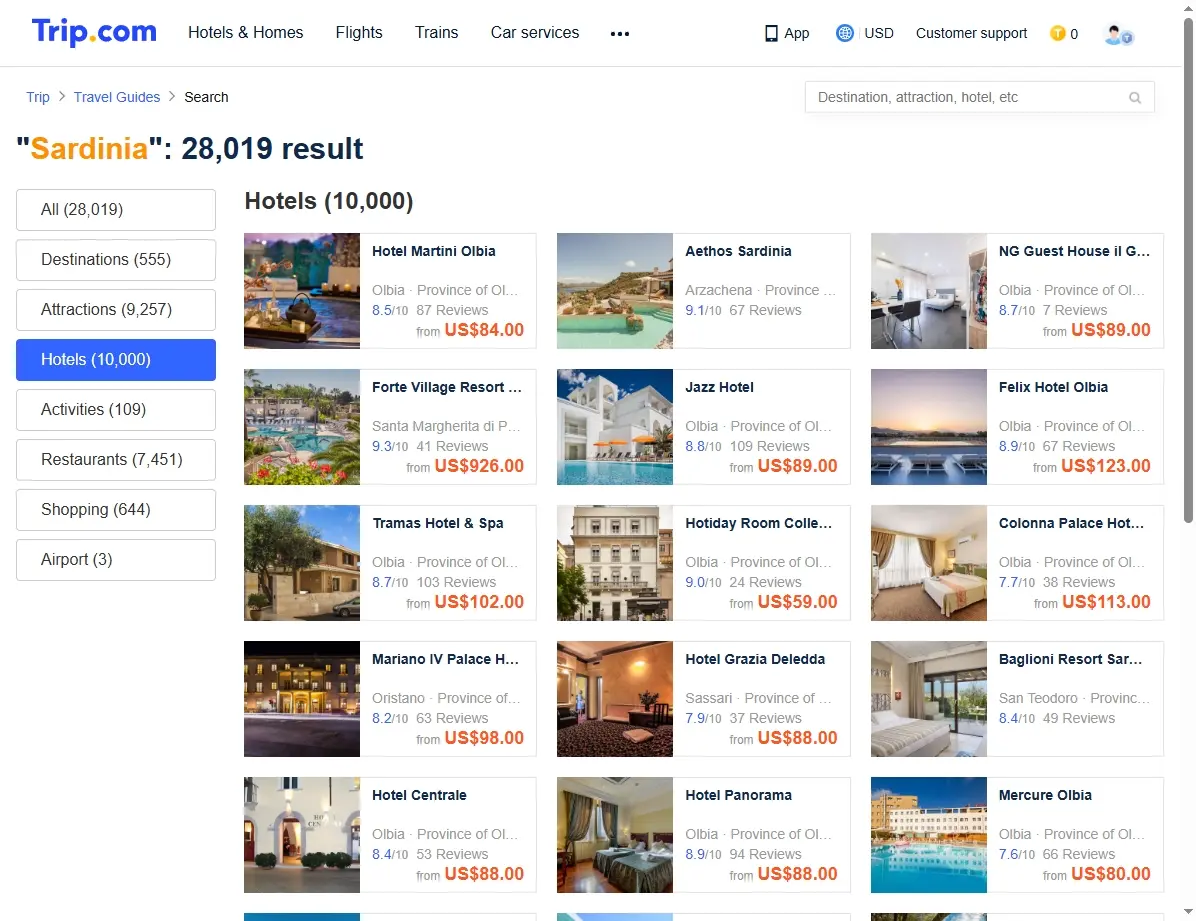Screenshot von Hotel-Deals für Sardinien