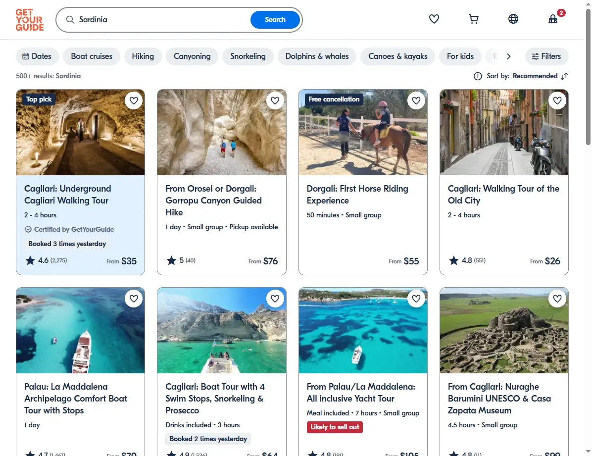 Screenshot von Aktivitäten und Touren in Sardinien