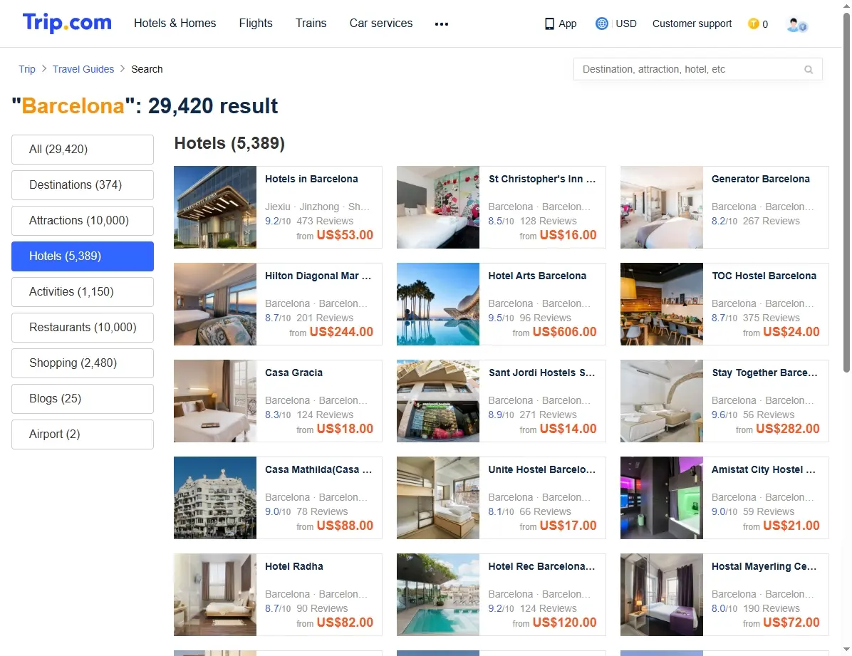 Screenshot von Hotelangeboten in Barcelona