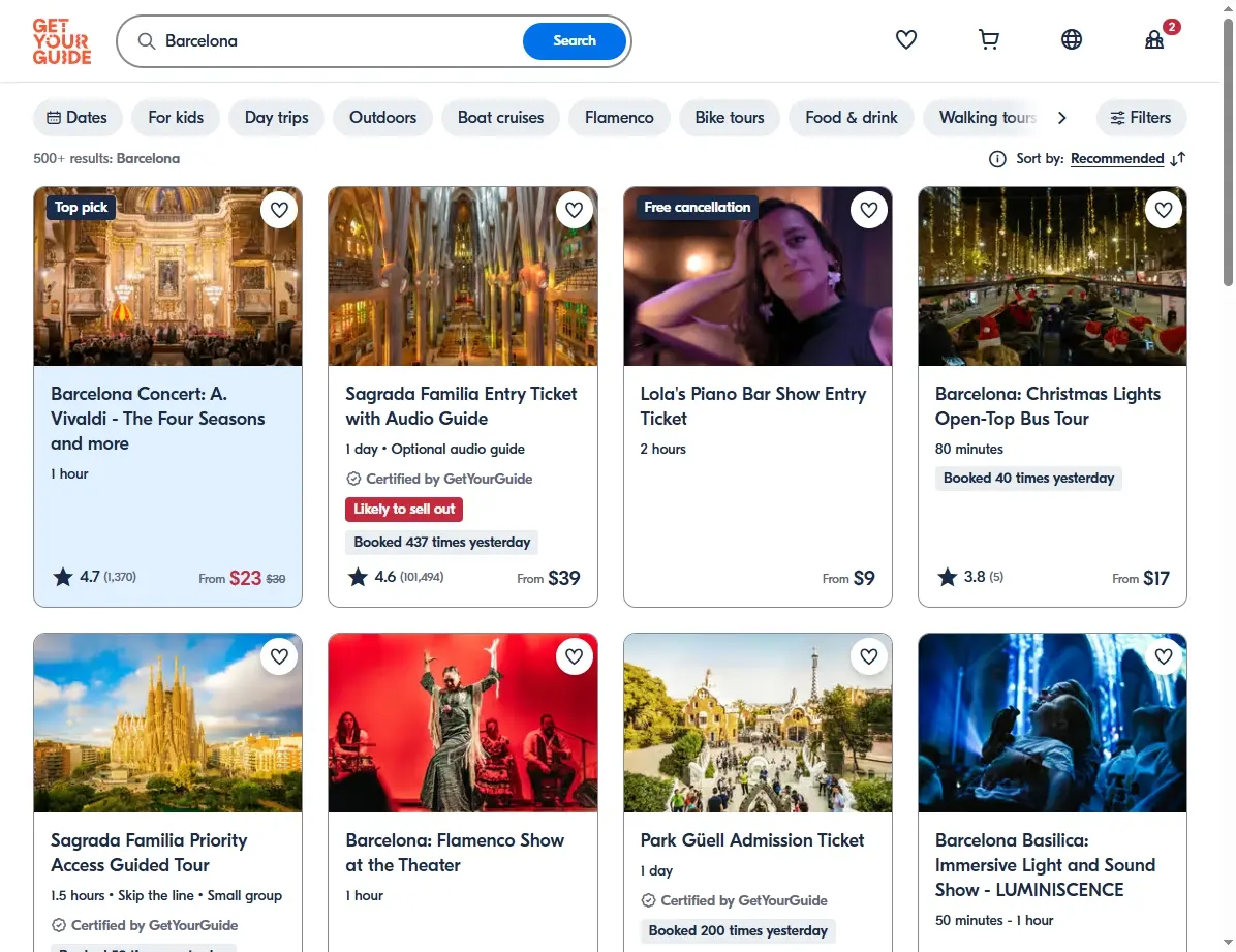 Screenshot von Aktivitäten in Barcelona