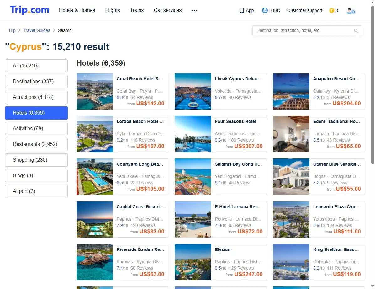 Screenshot von Hotelangeboten in Zypern