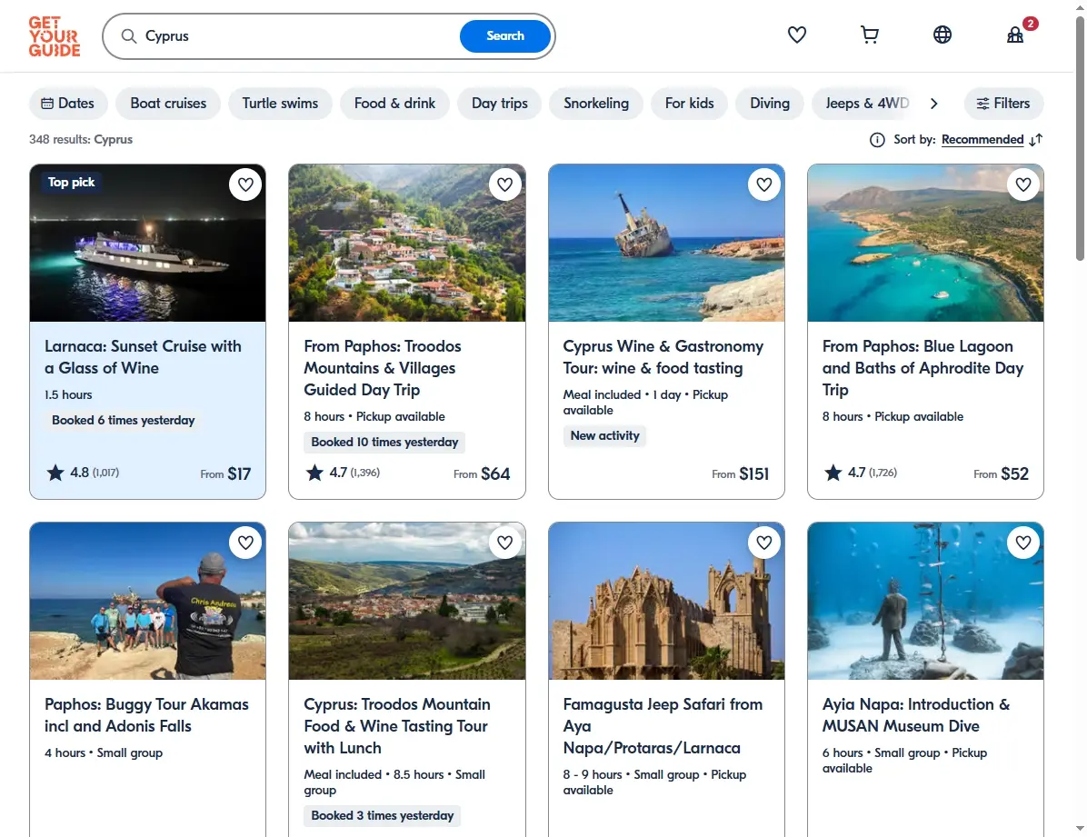 Screenshot von Aktivitäten und Touren in Zypern