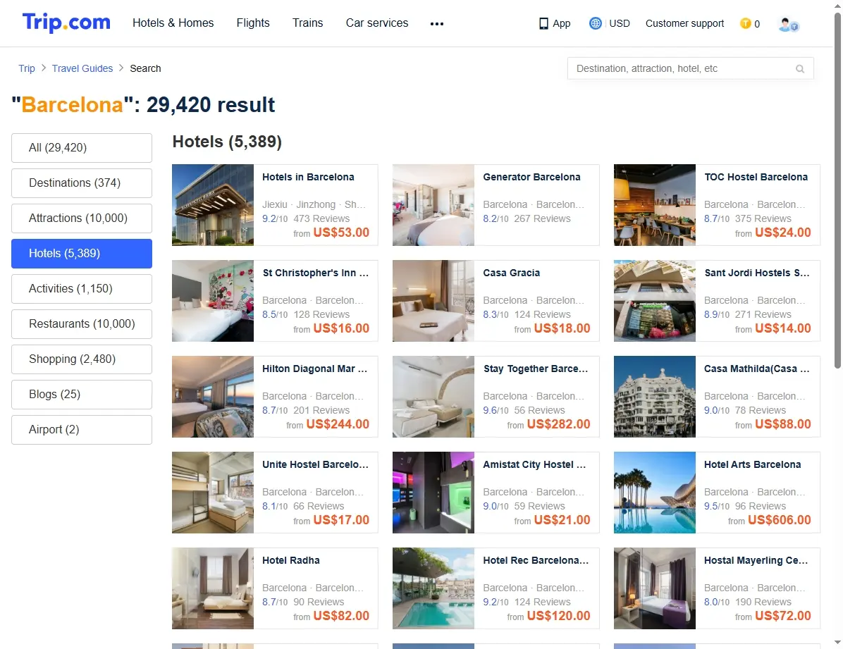 Screenshot einer Hotelseite mit Angeboten in Barcelona