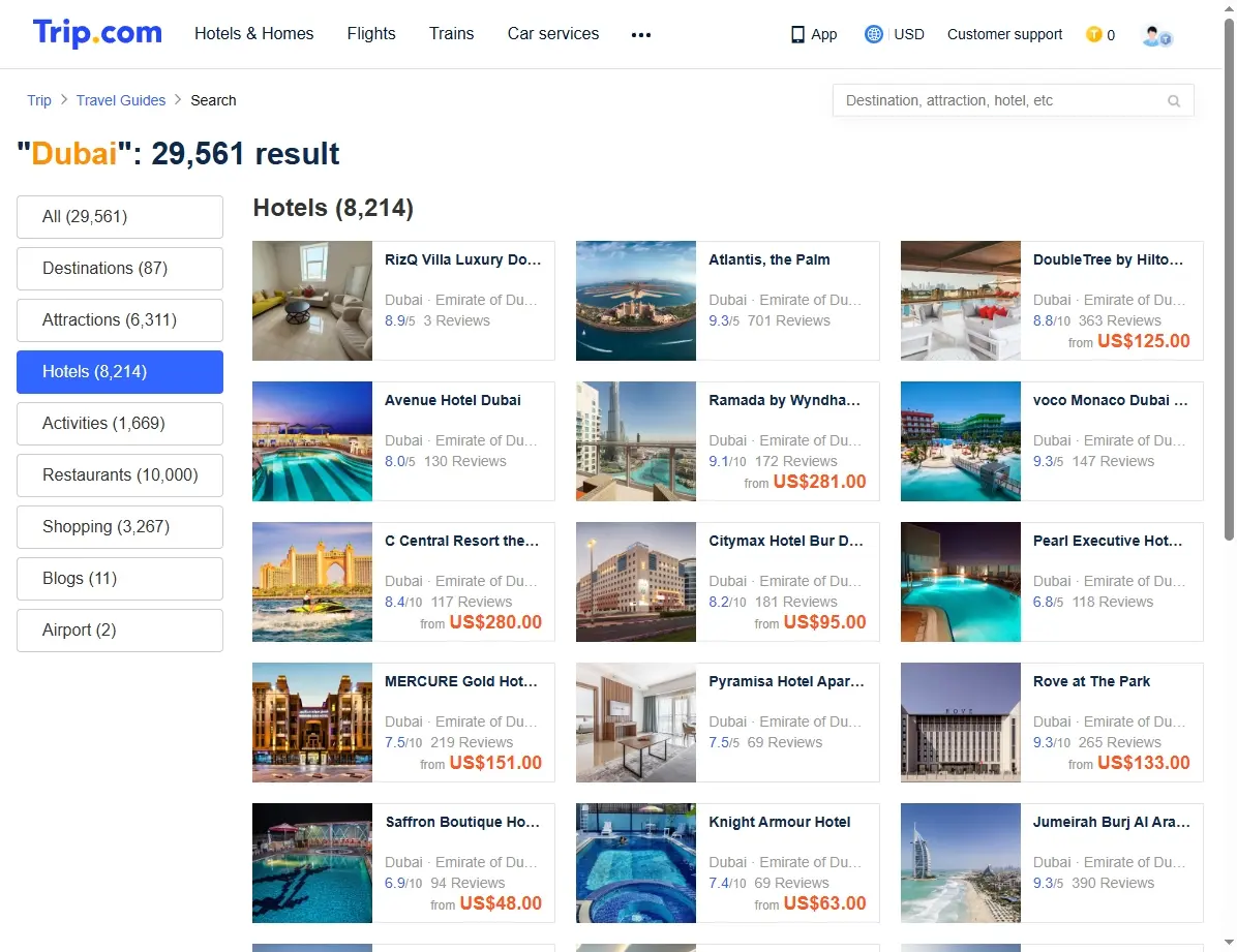 Screenshot einer Buchungsplattform mit Hotelangeboten in Dubai.