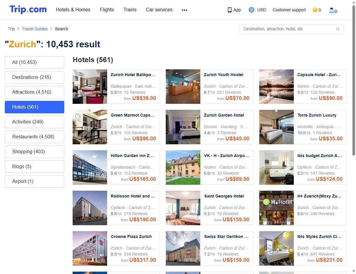 Screenshots von Hotelangeboten in Zürich