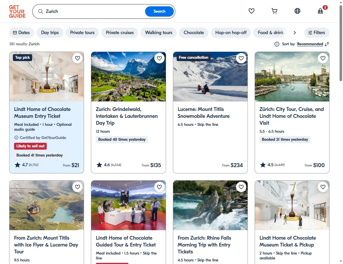 Screenshots von Aktivitäten und Touren in Zürich