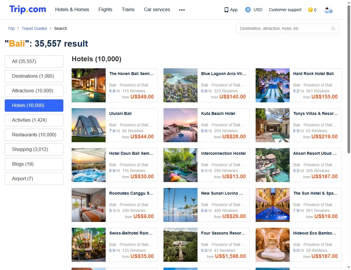 Screenshots von Hotelangeboten für Bali auf Trip.com