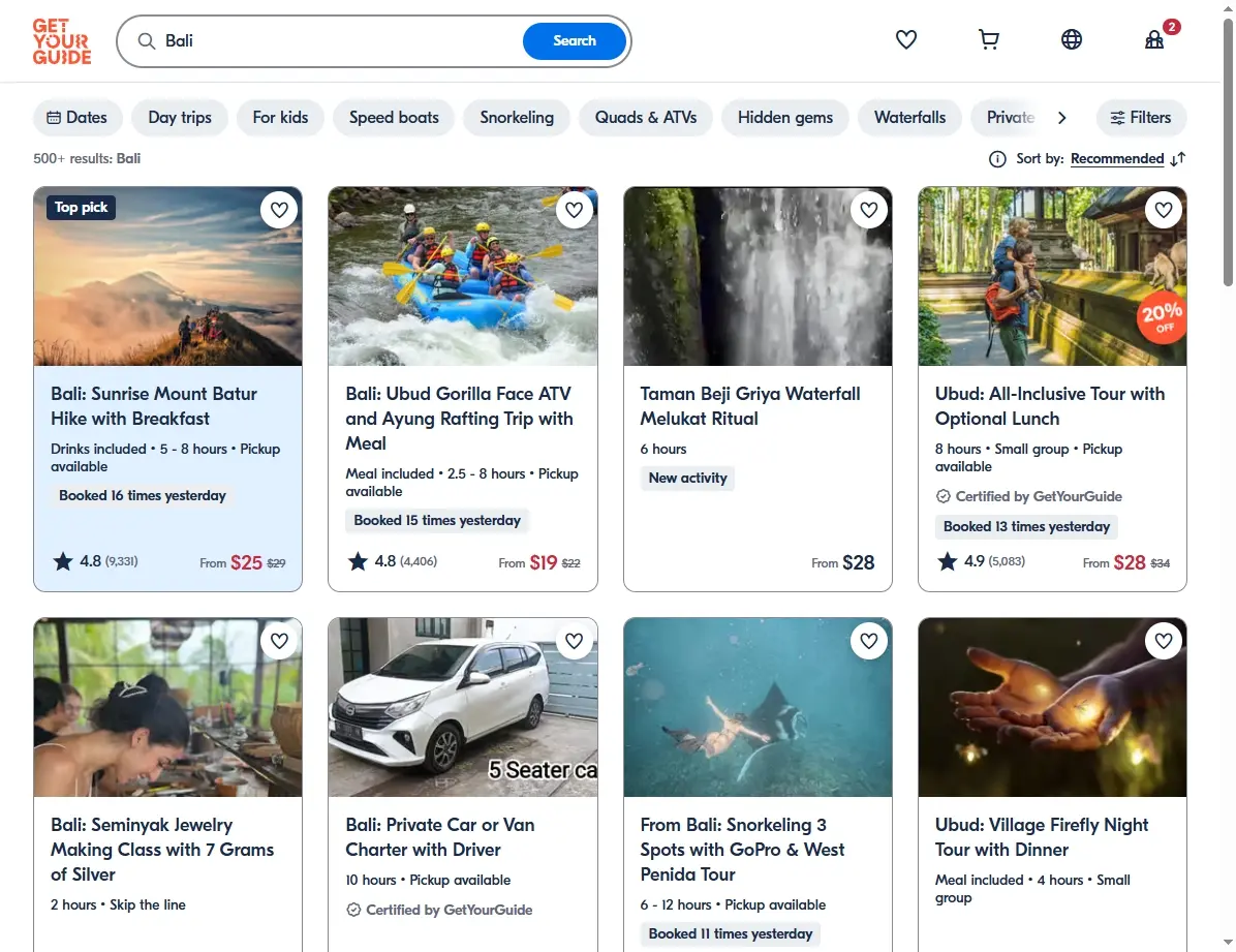 Screenshots von Aktivitäten und Touren auf Bali bei GetYourGuide