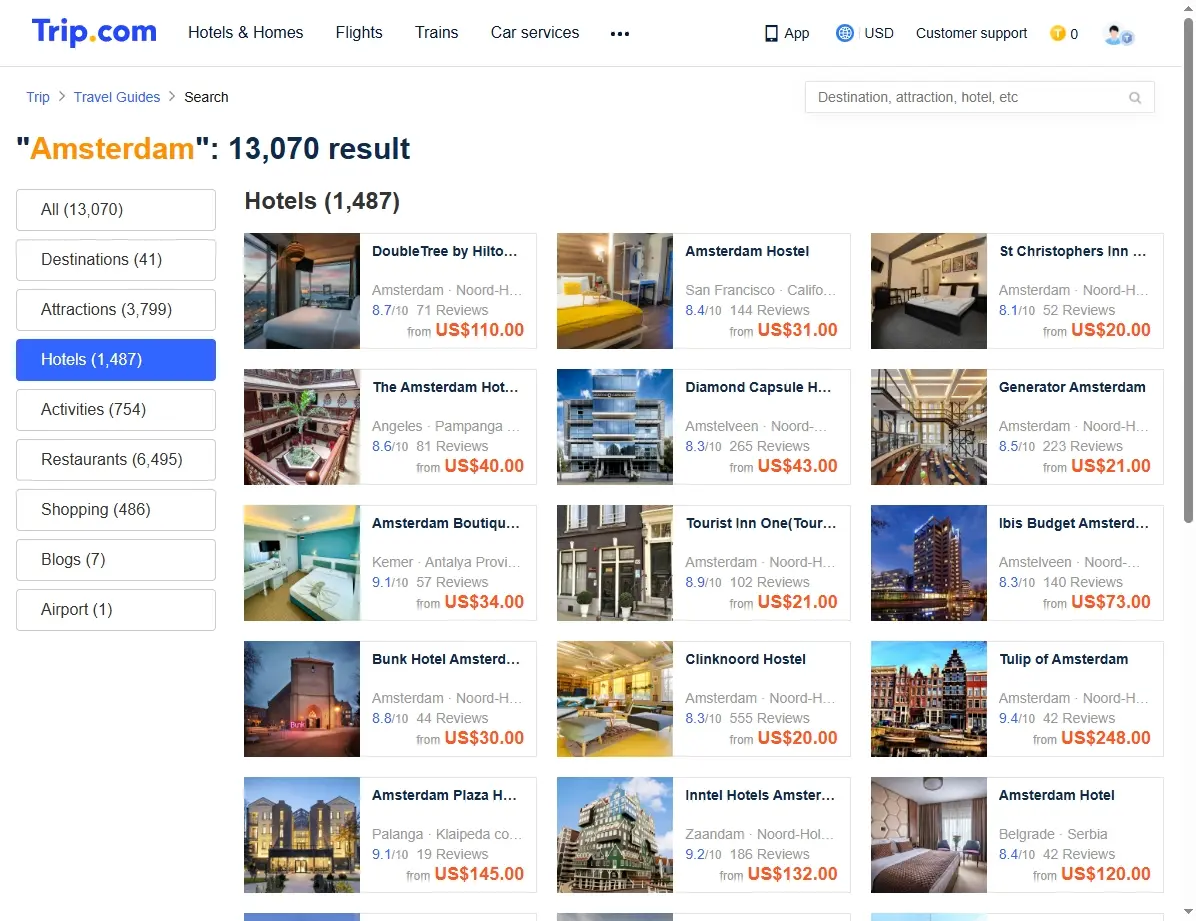 Screenshots von Hotelangeboten in Amsterdam