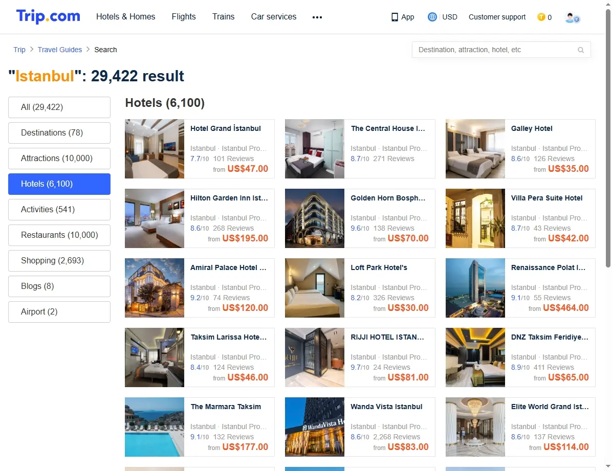 Screenshot einer Hotelseite mit Istanbul-Angeboten