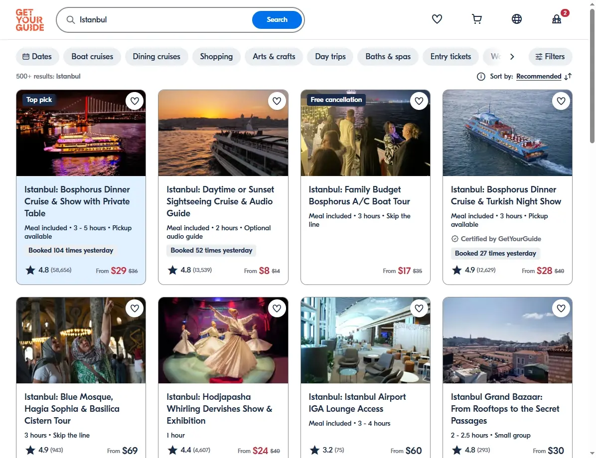 Screenshot einer Seite mit Istanbul Aktivitäten
