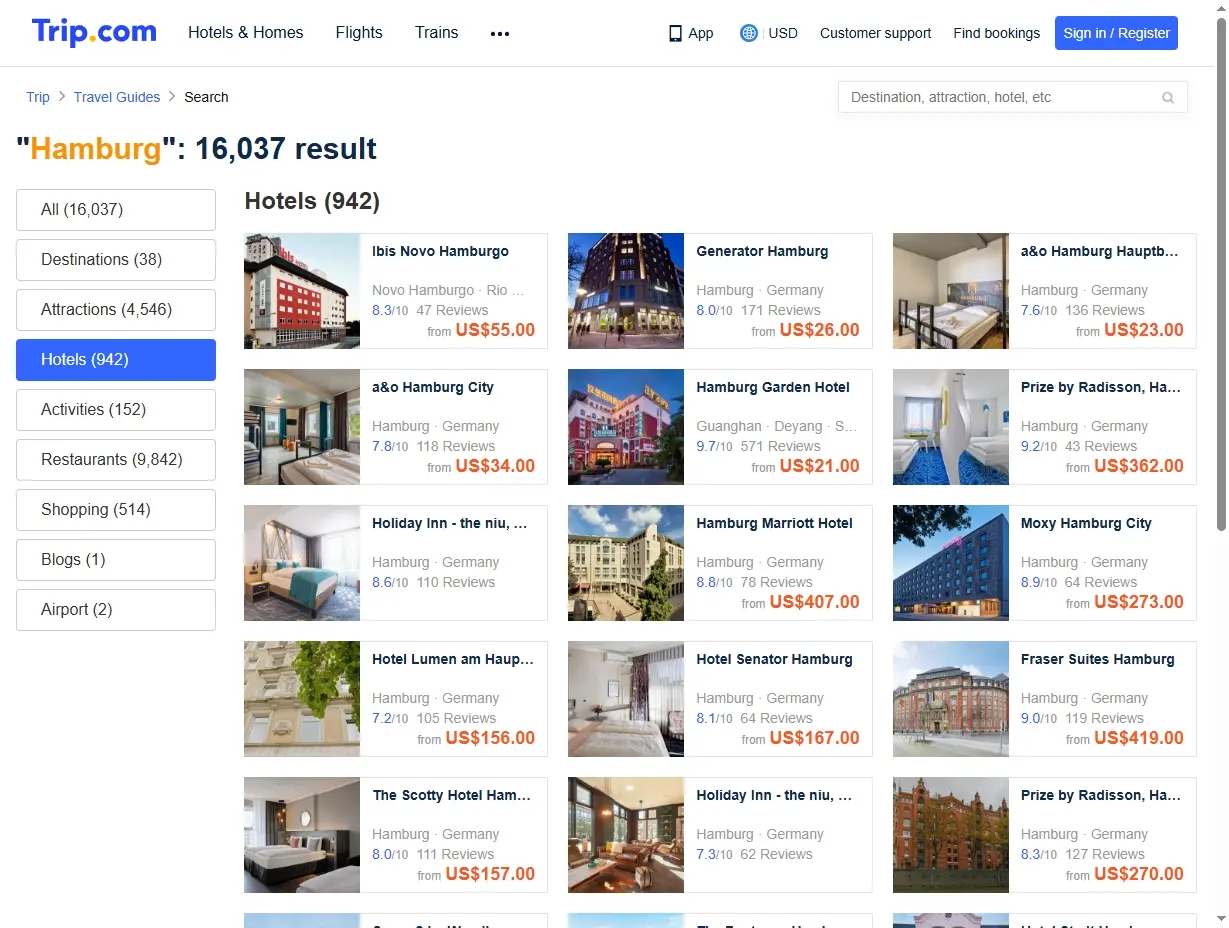 Screenshots von Hotelangeboten in Hamburg