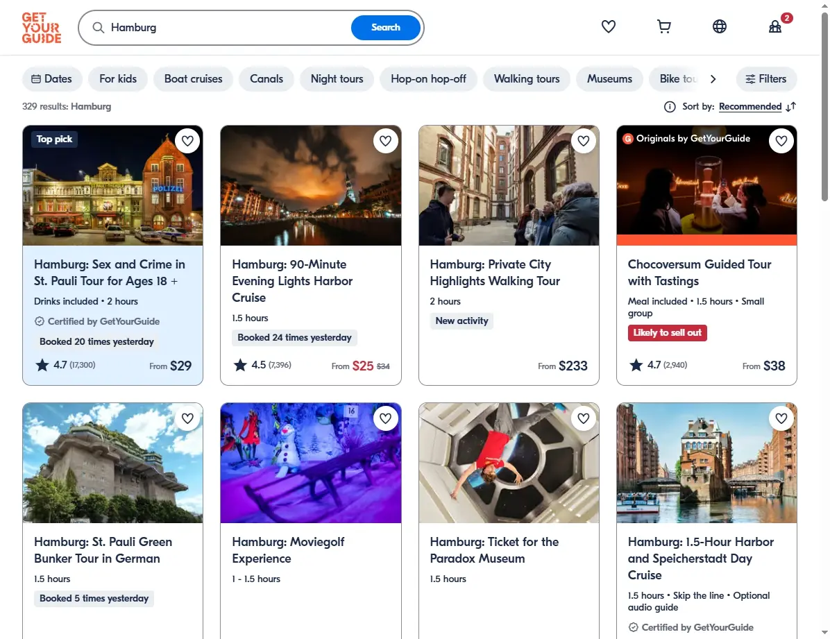 Screenshots von Aktivitäten und Touren in Hamburg