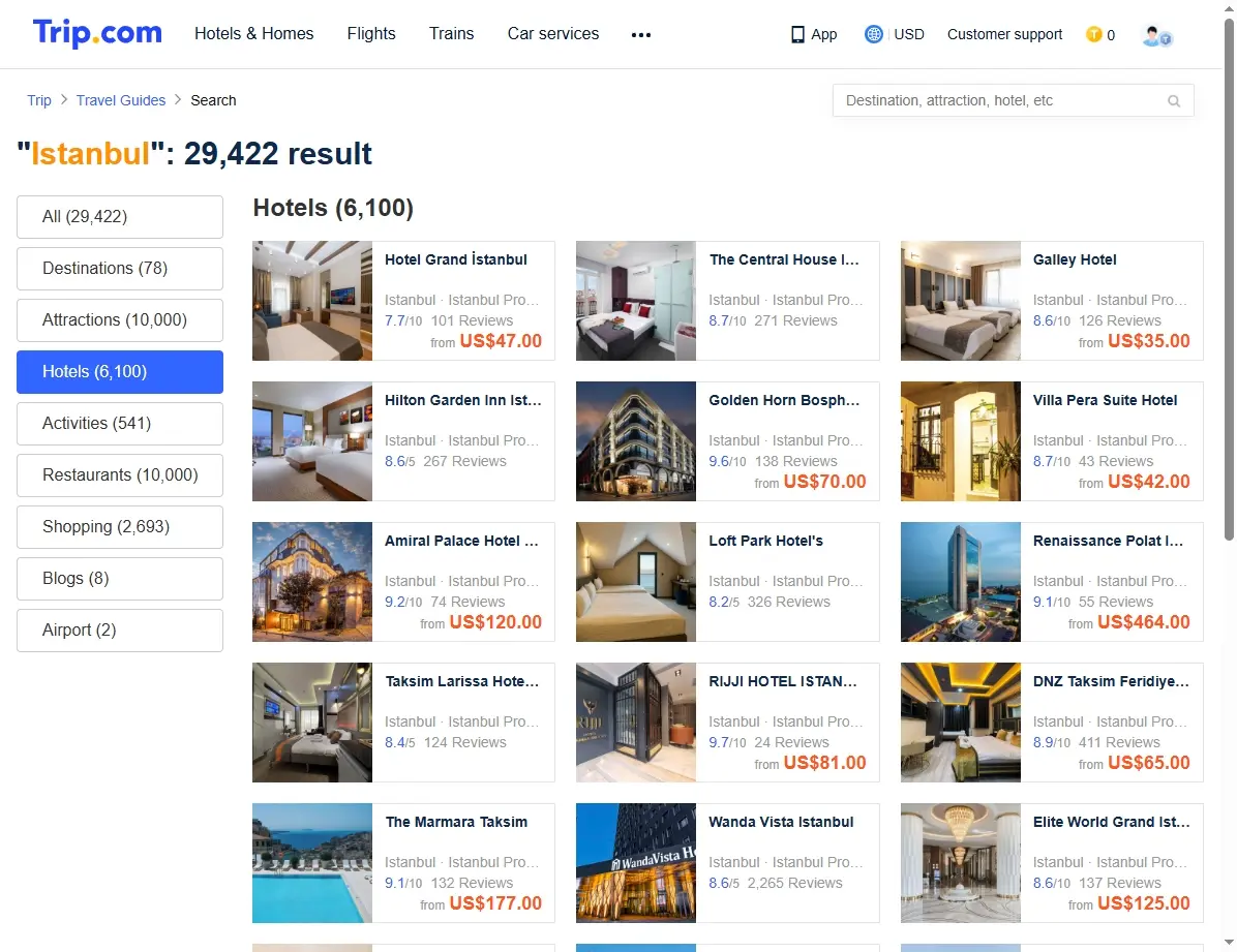Screenshots von Hotelangeboten in Istanbul.