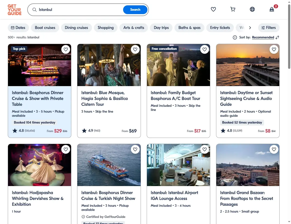 Screenshots von Aktivitäten und Touren in Istanbul.