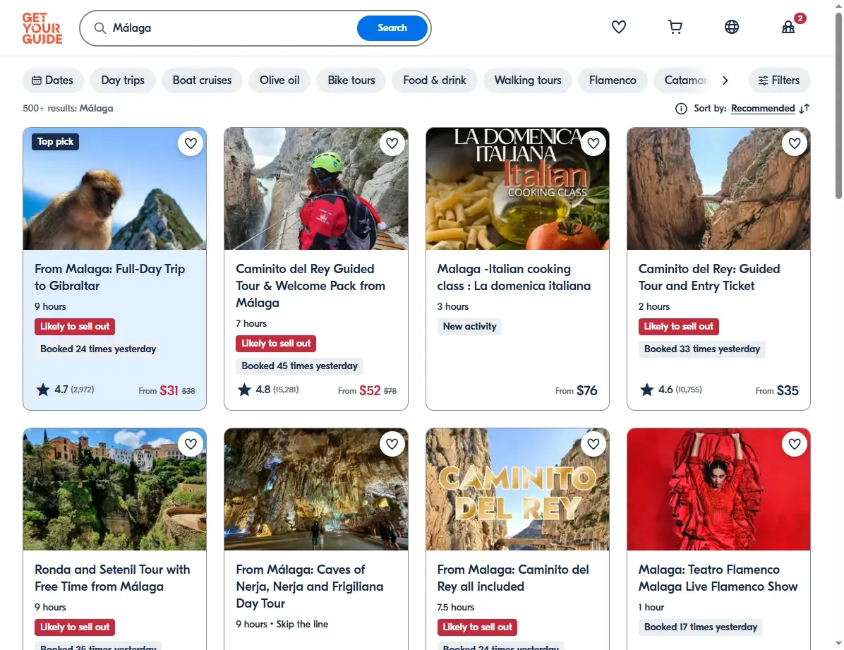 Screenshot der GetYourGuide Website, die Aktivitäten in Málaga anzeigt