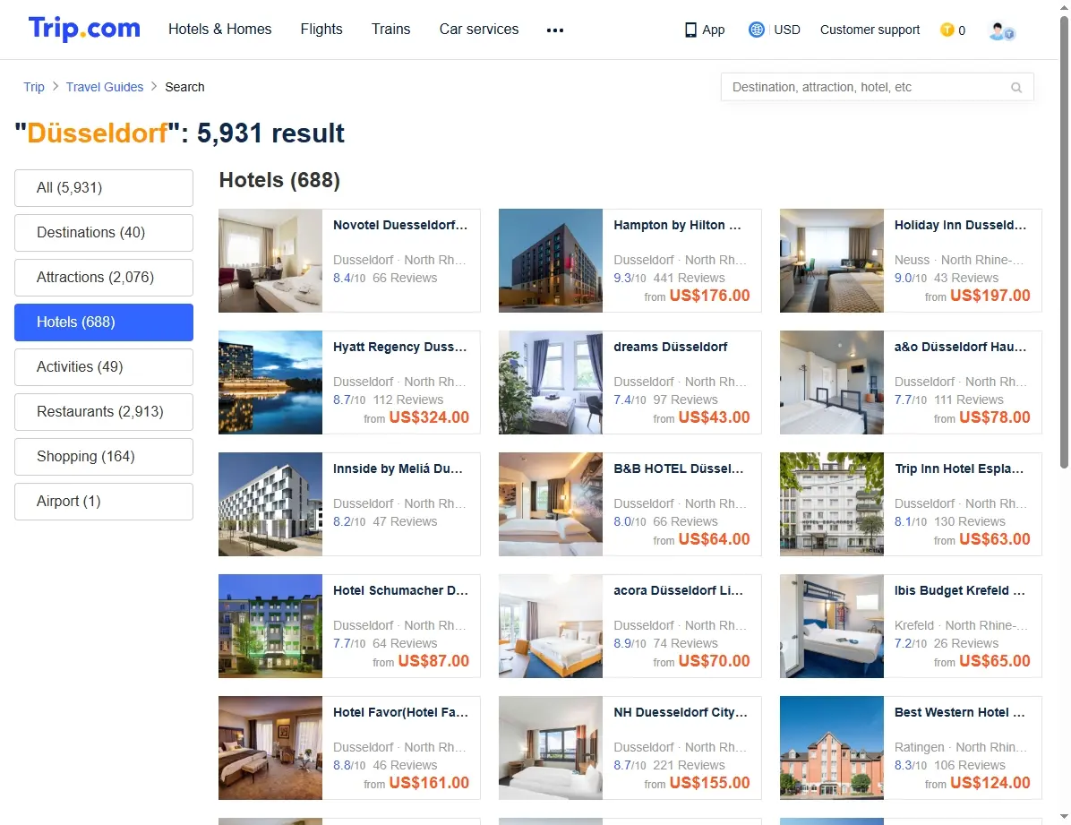 Hotel-Angebote in Düsseldorf – Screenshot der Buchungsseite