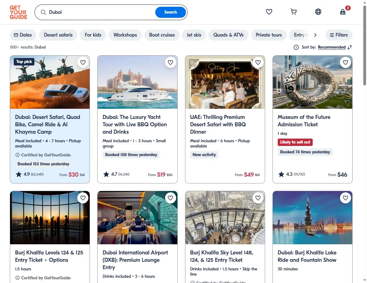 Screenshot von GetYourGuide mit Wüstensafari und Aktivitäten in Dubai