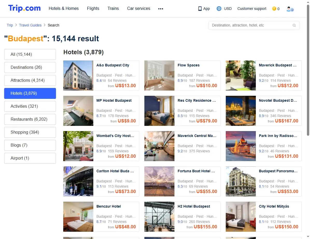 Screenshot einer Hotel-Angebotsseite für Budapest