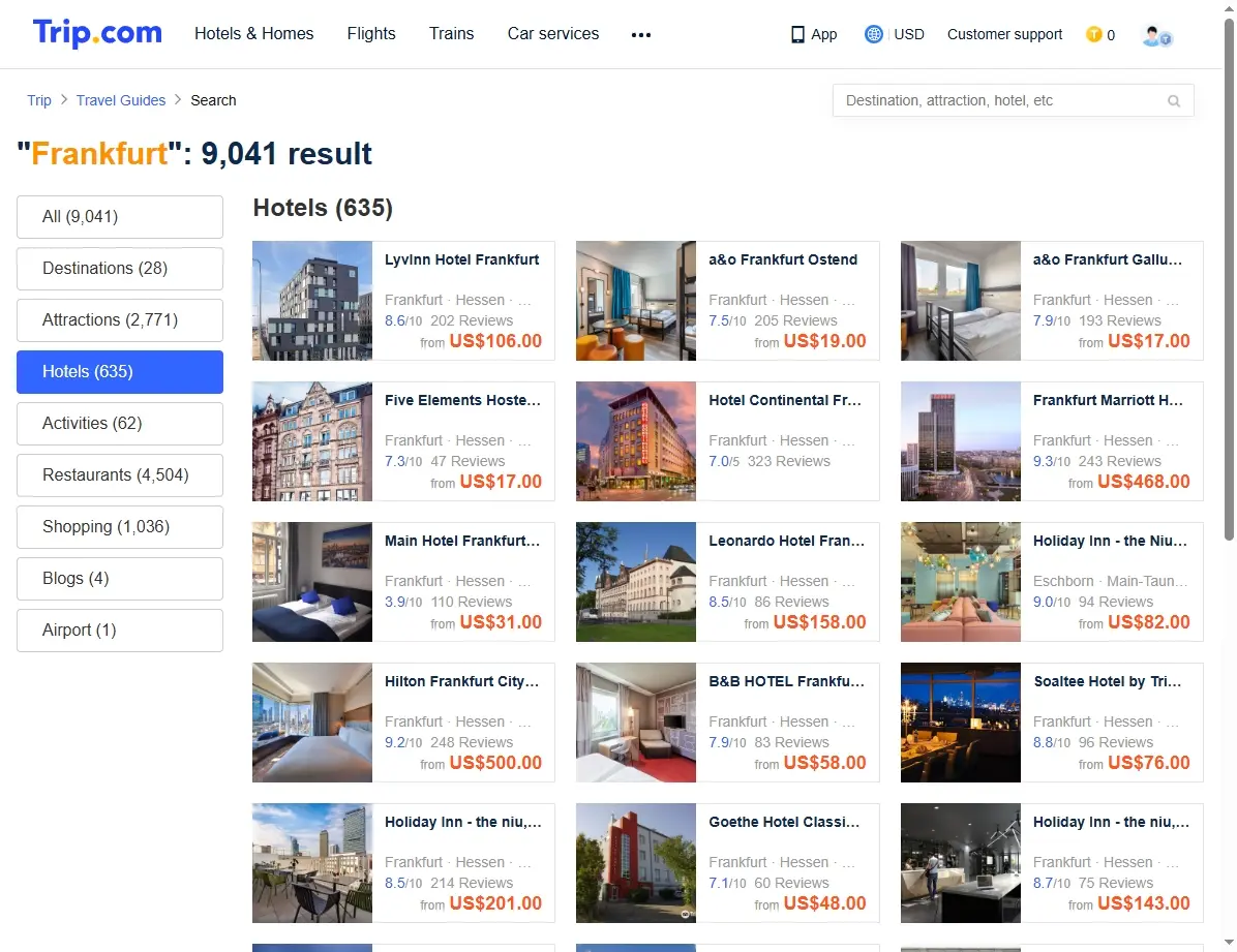 Übersicht der verfügbaren Hotels in Frankfurt
