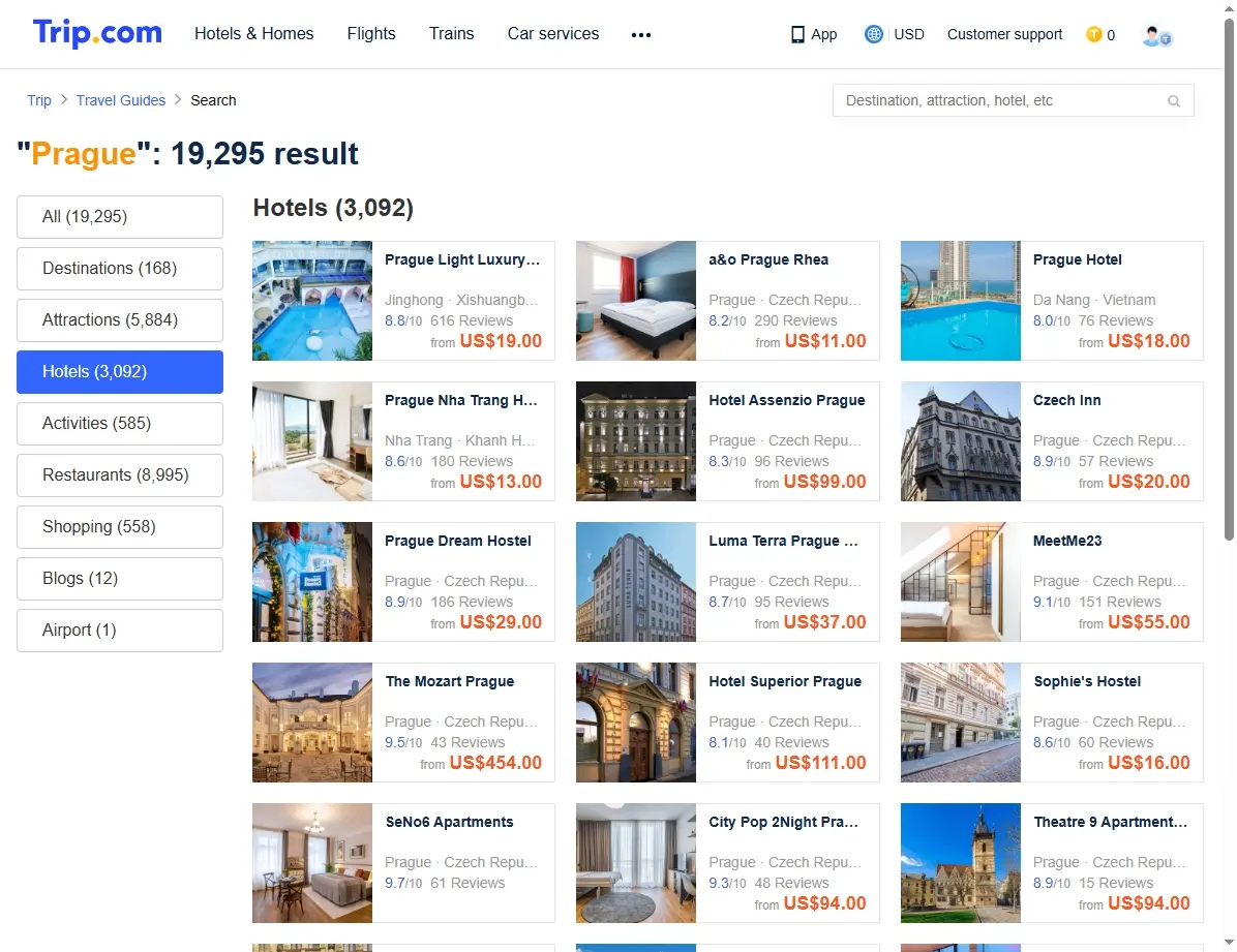 Screenshots von Hotelangeboten in Prag