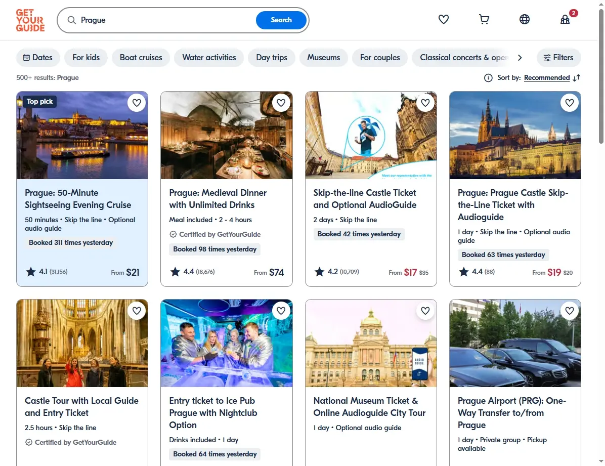 Screenshots von Aktivitäten und Touren in Prag