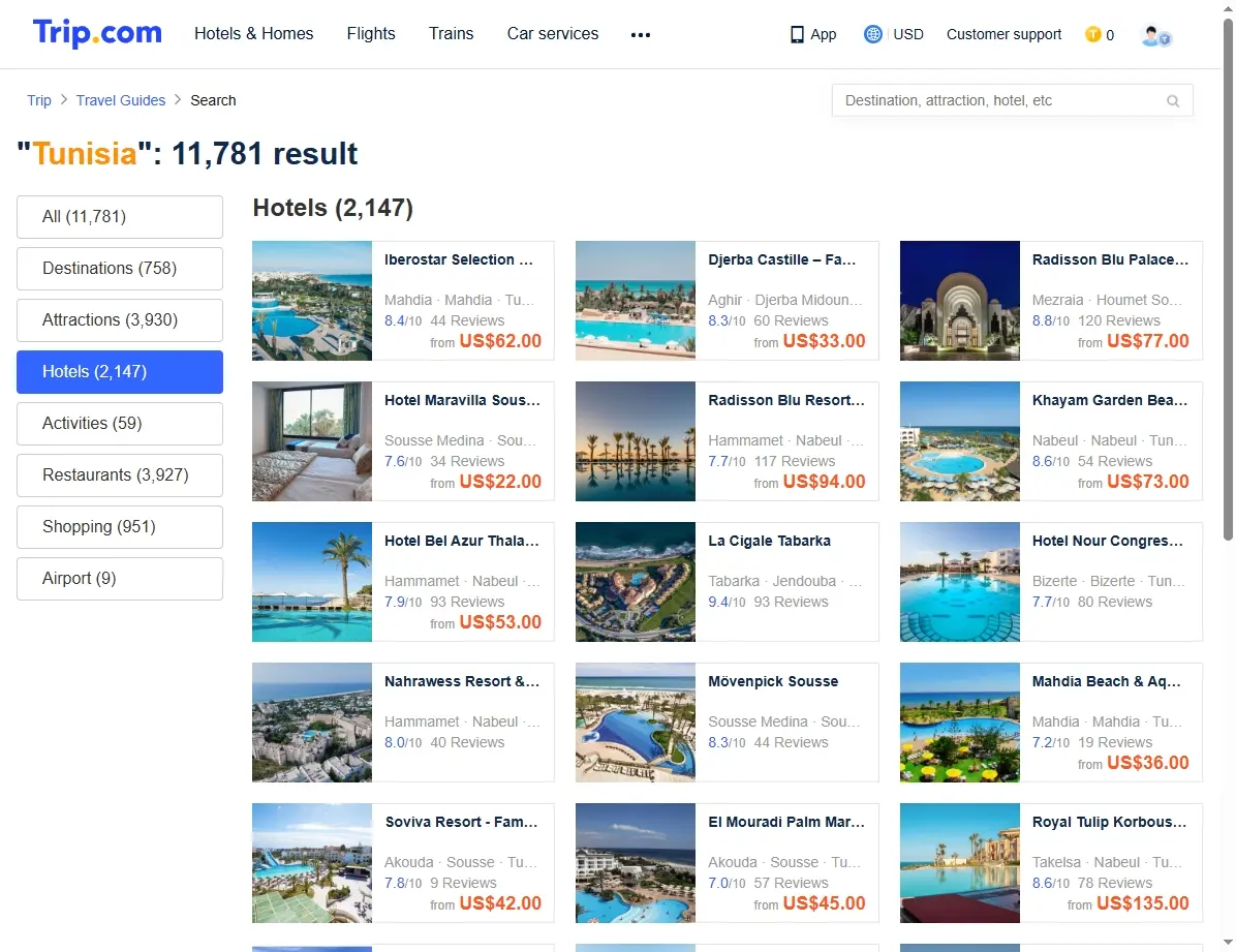 Übersicht von Hotelangeboten in Tunesien