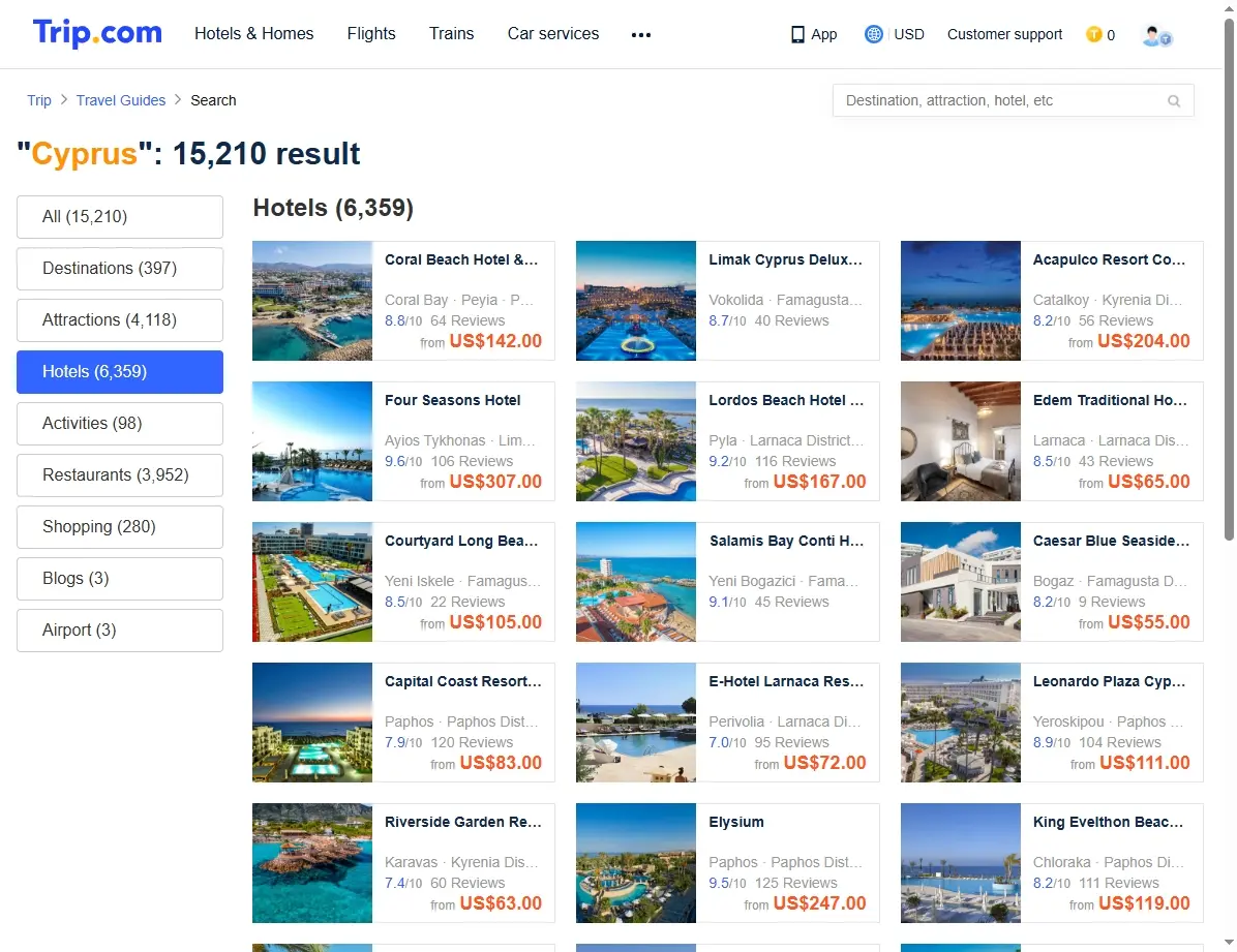 Screenshot einer Website mit Hotelangeboten in Zypern