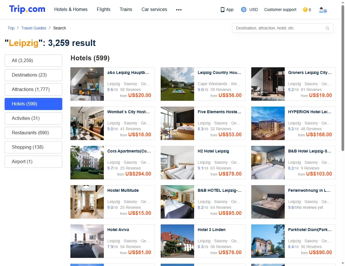 Screenshot von Hotelangeboten am Flugziel Leipzig