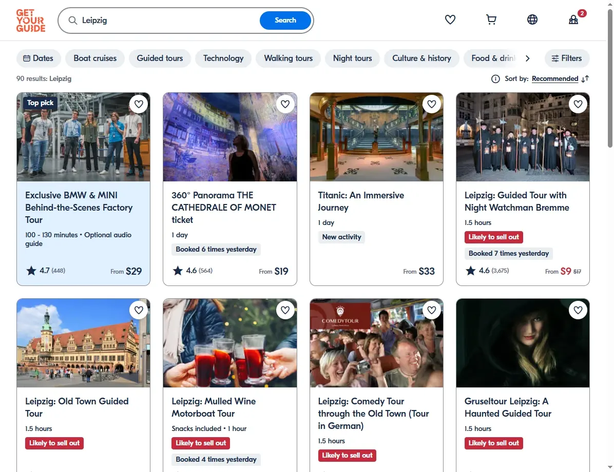 Screenshot von Aktivitäten und Touren am Flugziel Leipzig