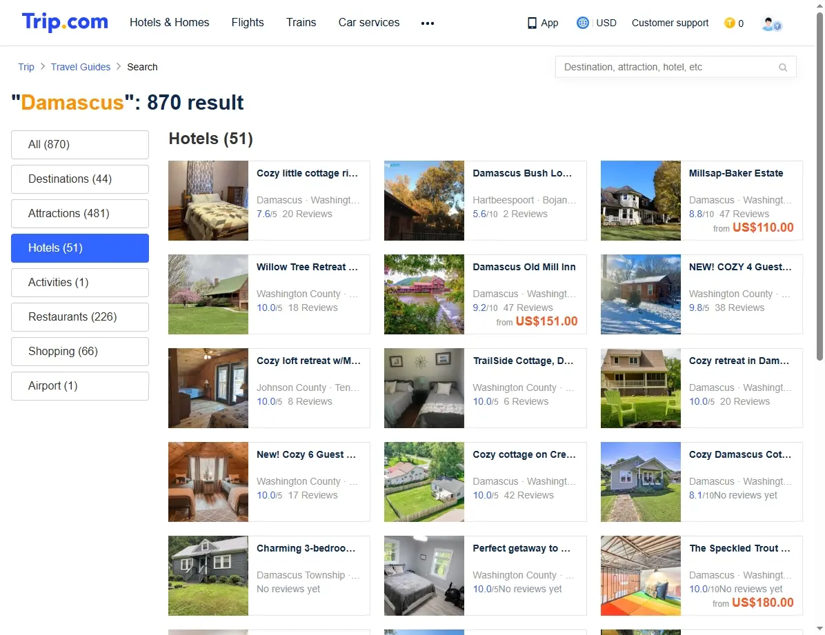 Screenshot von Hotelangeboten in Damaskus