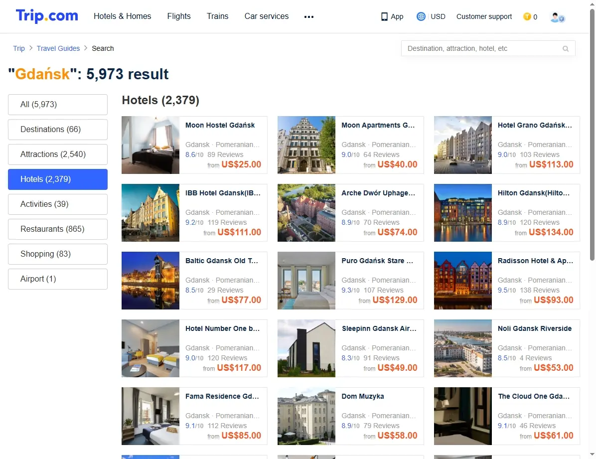 Screenshot einer Website mit Hotelangeboten in Danzig