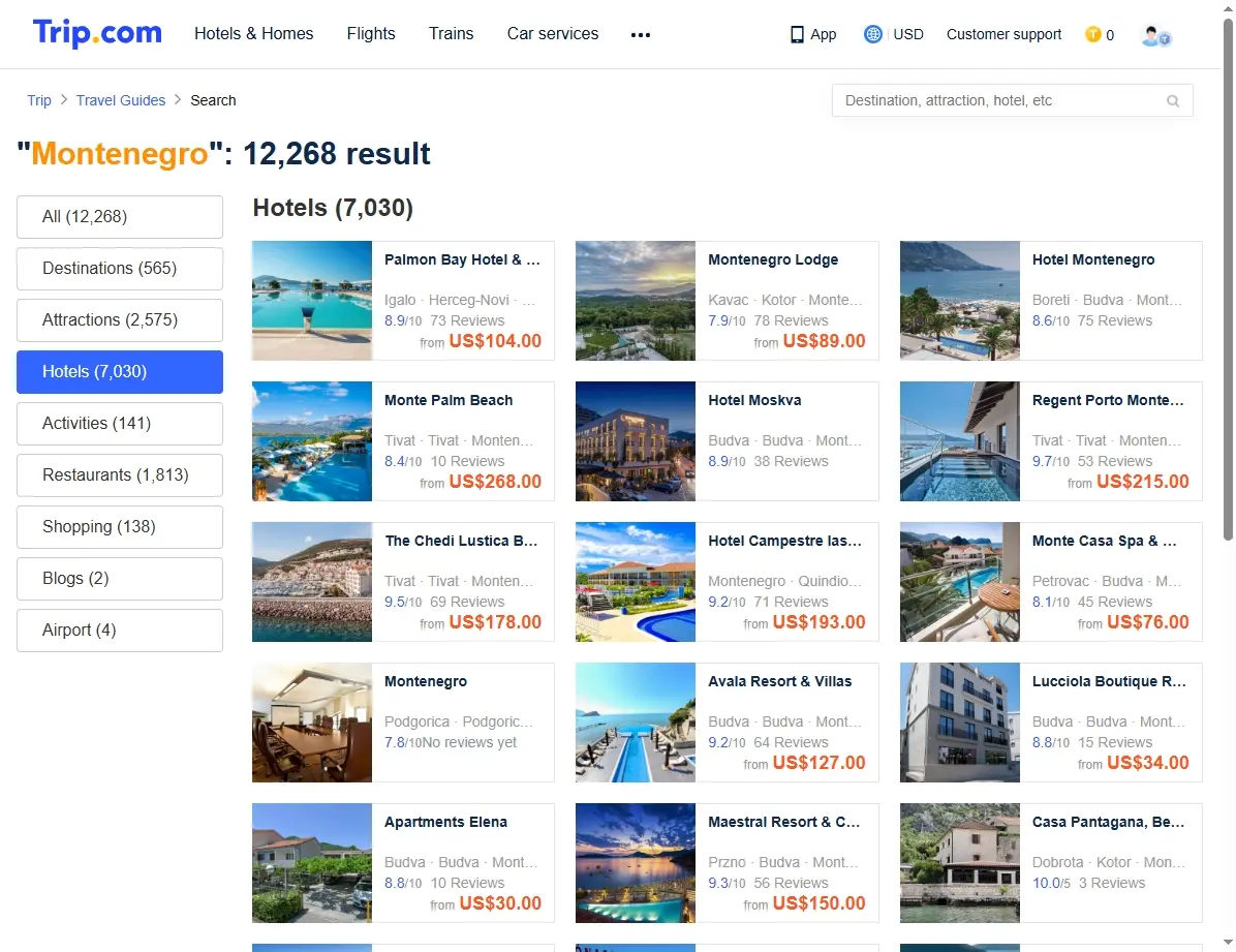 Screenshot einer Hotel-Buchungsseite mit Montenegro-Angeboten