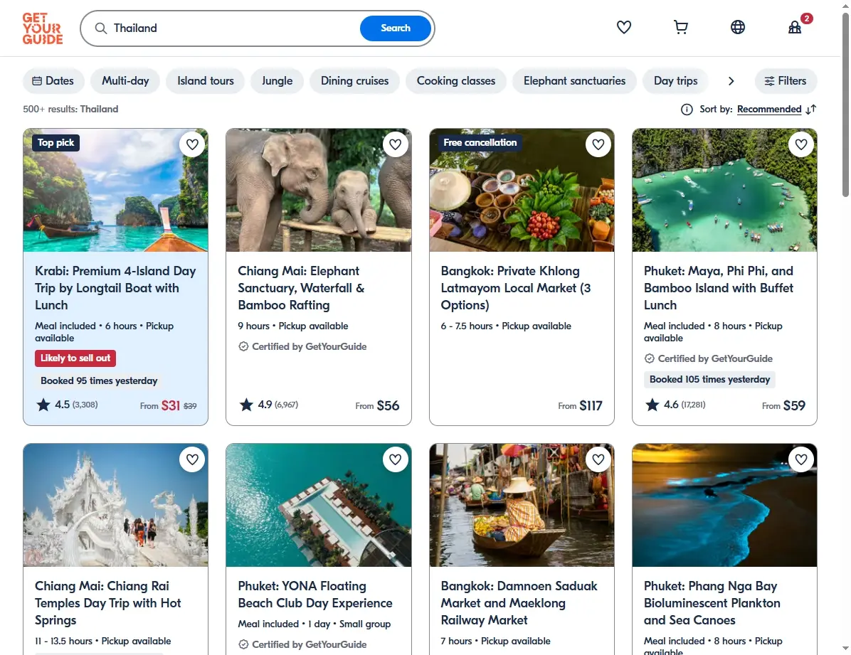 Screenshots von Aktivitäten und Touren in Thailand