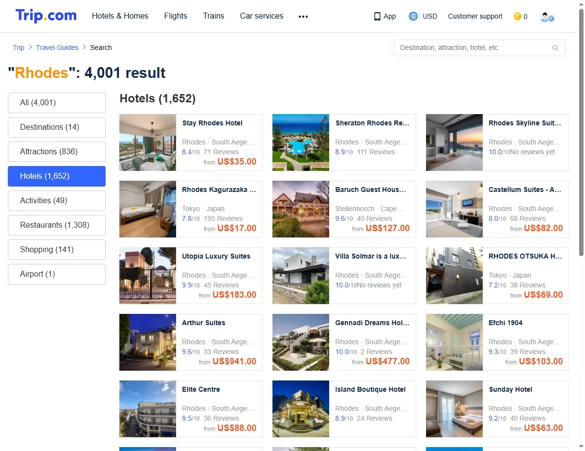 Screenshot einer Website mit Hotelangeboten für Rhodos