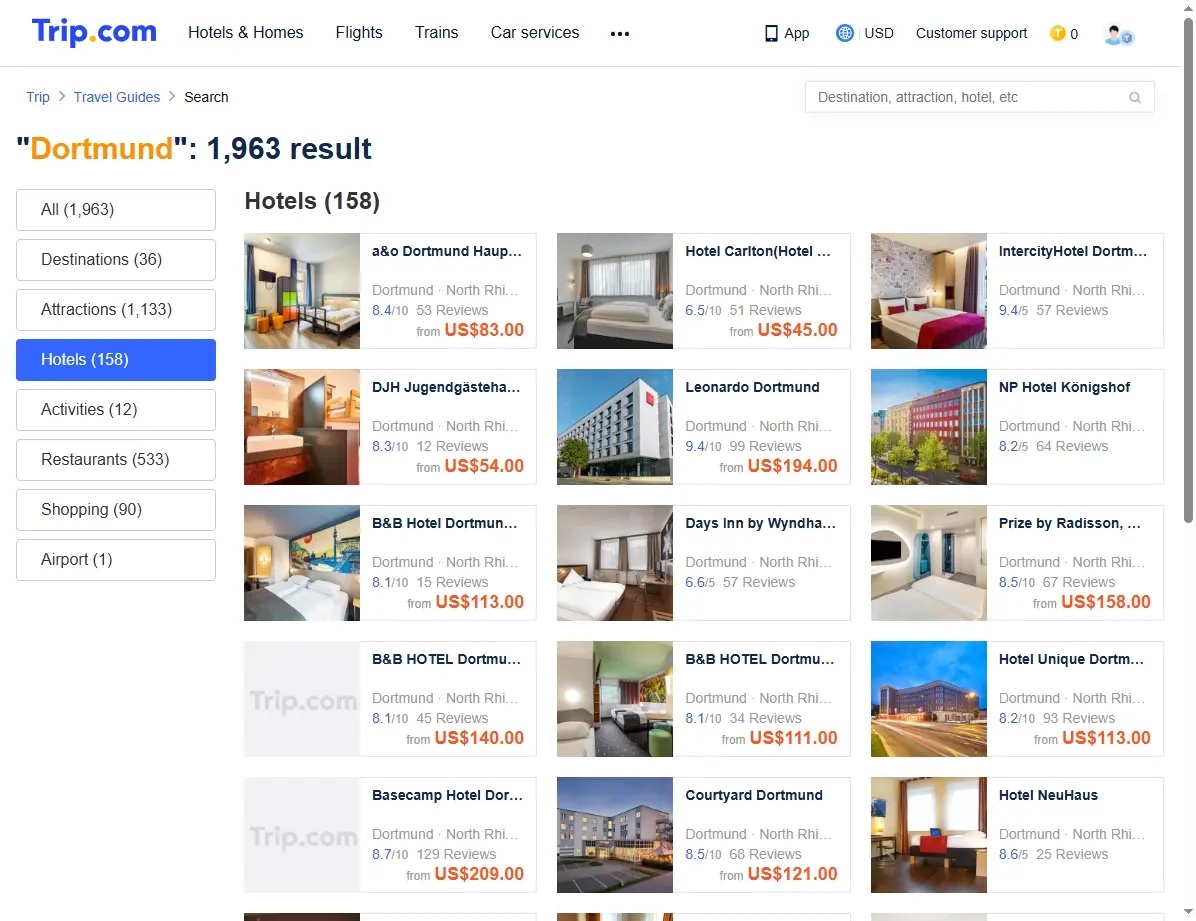 Screenshot einer Buchungswebsite mit Hotelangeboten in der Zielstadt.