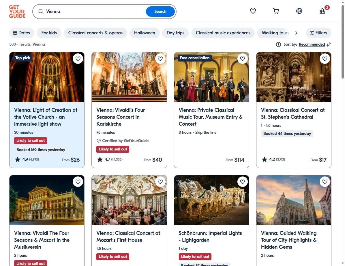 Screenshot einer Website mit Wien-Aktivitäten wie Stadtführungen und Museumstickets
