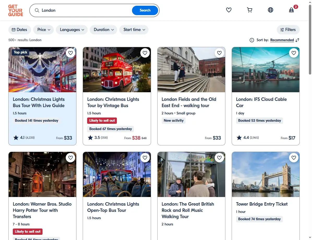 Screenshot von Aktivitäten in London, wie Touren oder Sehenswürdigkeiten