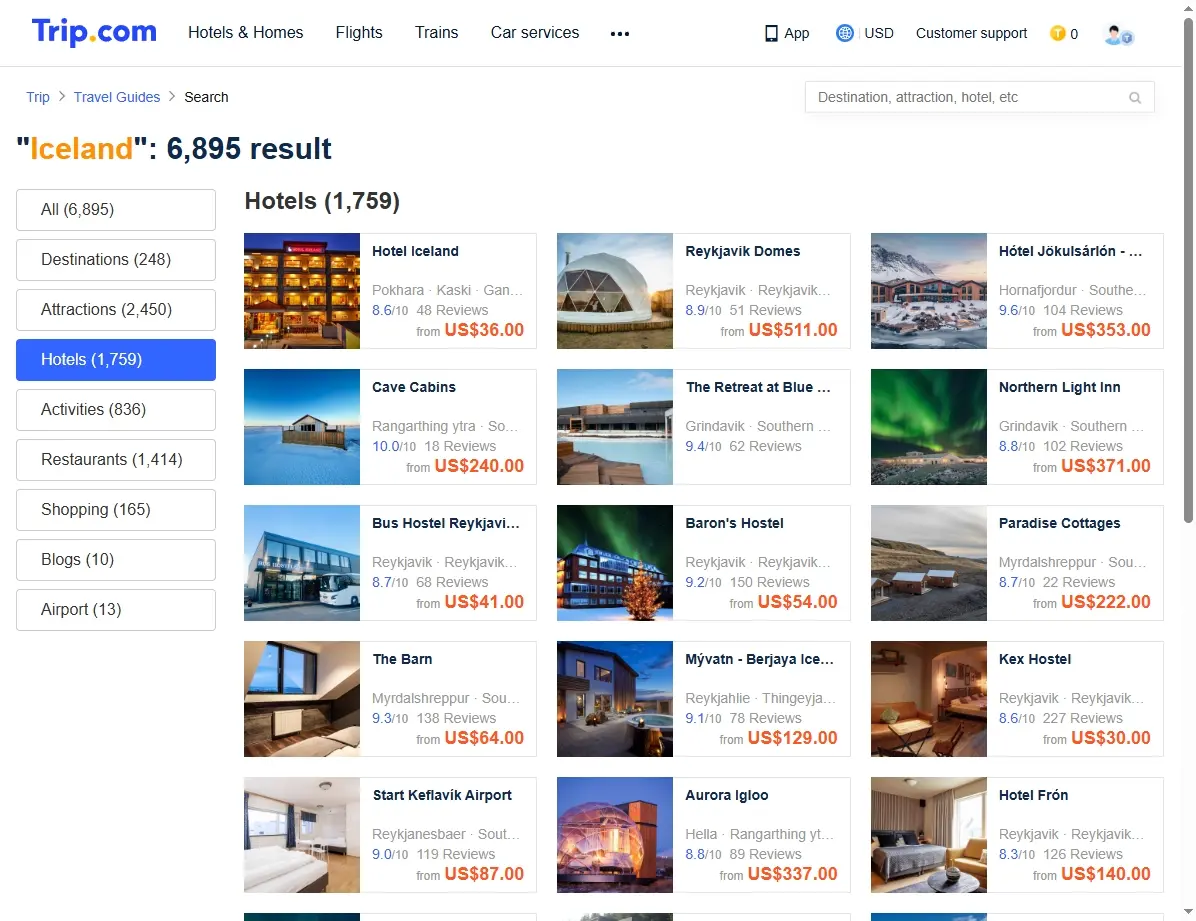 Screenshot einer Hotelseite mit Island-Angeboten