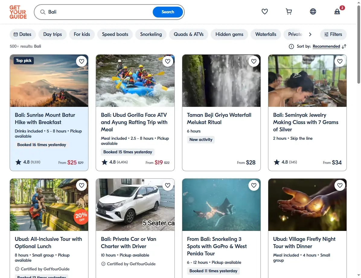 Screenshot einer Website mit Aktivitäten-Angeboten auf Bali