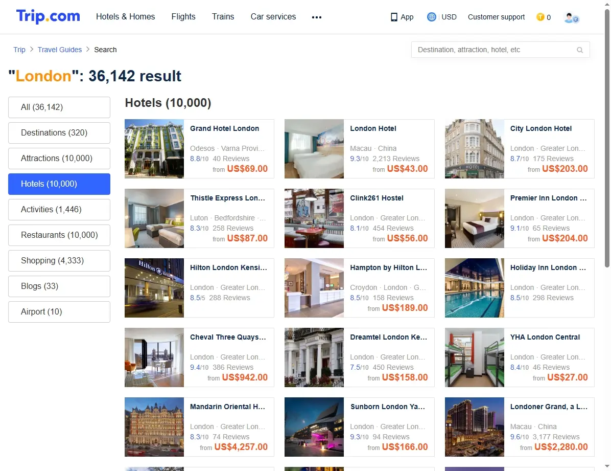 Screenshot einer Hotelseite mit London Deals