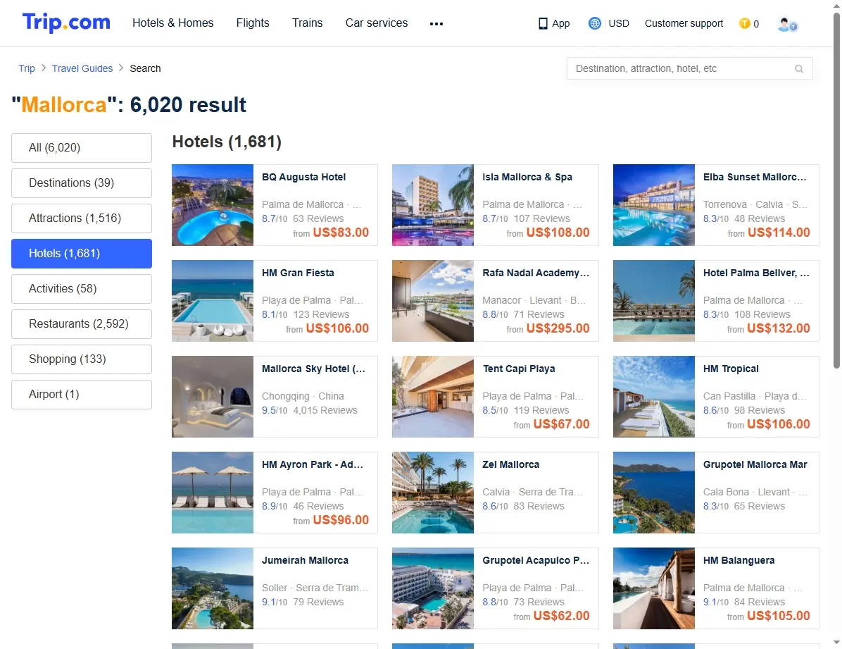 Screenshots von Hotelangeboten auf Mallorca