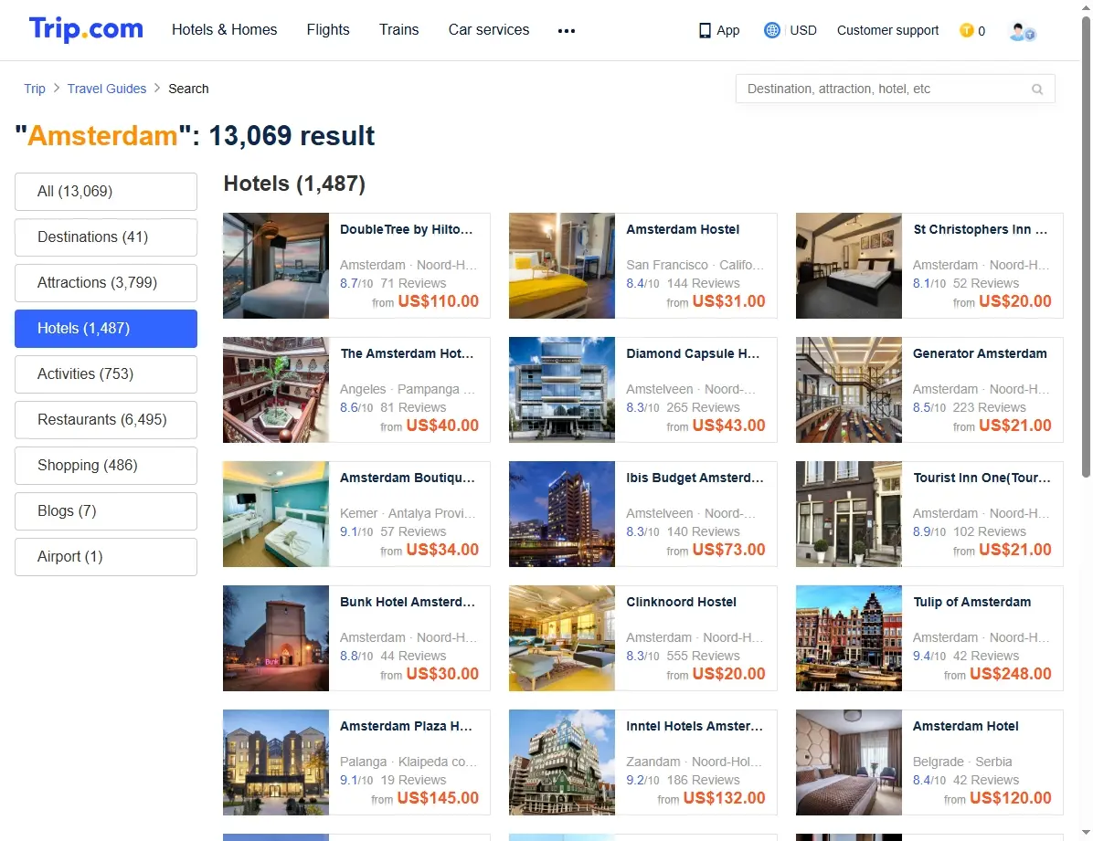 Screenshot einer Webseite mit Hotelangeboten für Amsterdam