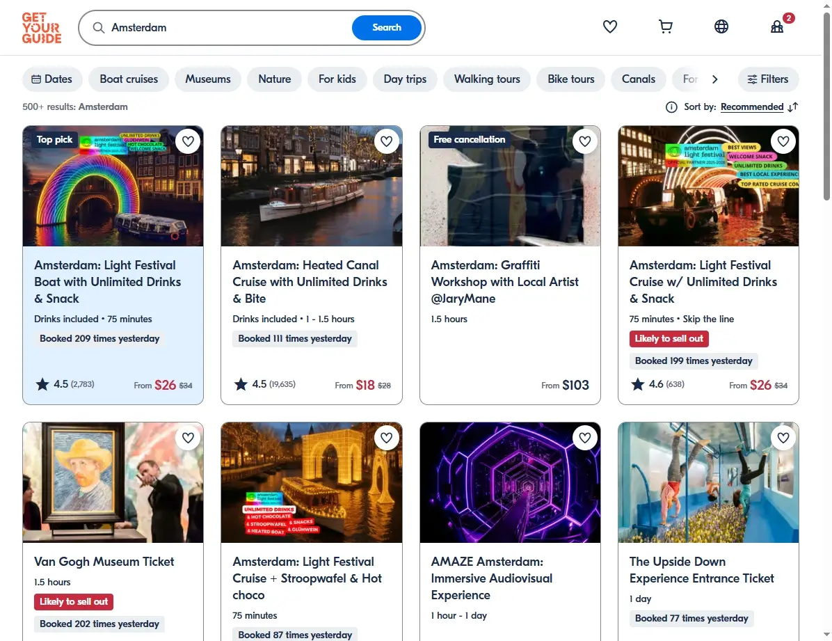 Screenshot einer Webseite mit Aktivitäten und Touren in Amsterdam